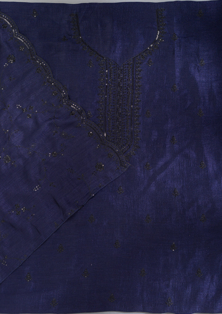 Navy Blue Threadwork Tissue Unstitched Salwar Suit
