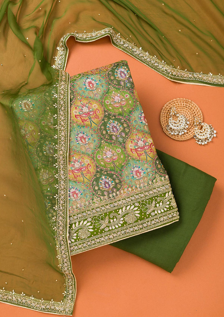 Bottle Green Stonework Semi Crepe Unstitched Salwar Suit