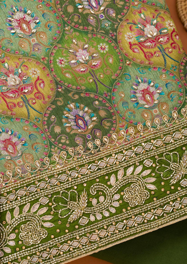 Bottle Green Stonework Semi Crepe Unstitched Salwar Suit
