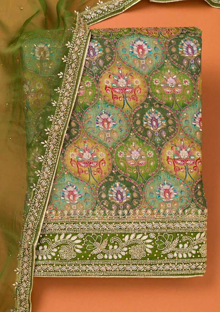 Bottle Green Stonework Semi Crepe Unstitched Salwar Suit