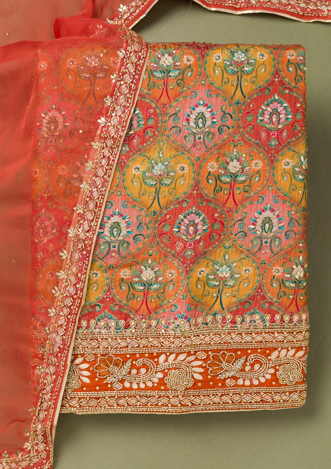 Mustard Stonework Semi Crepe Unstitched Salwar Suit