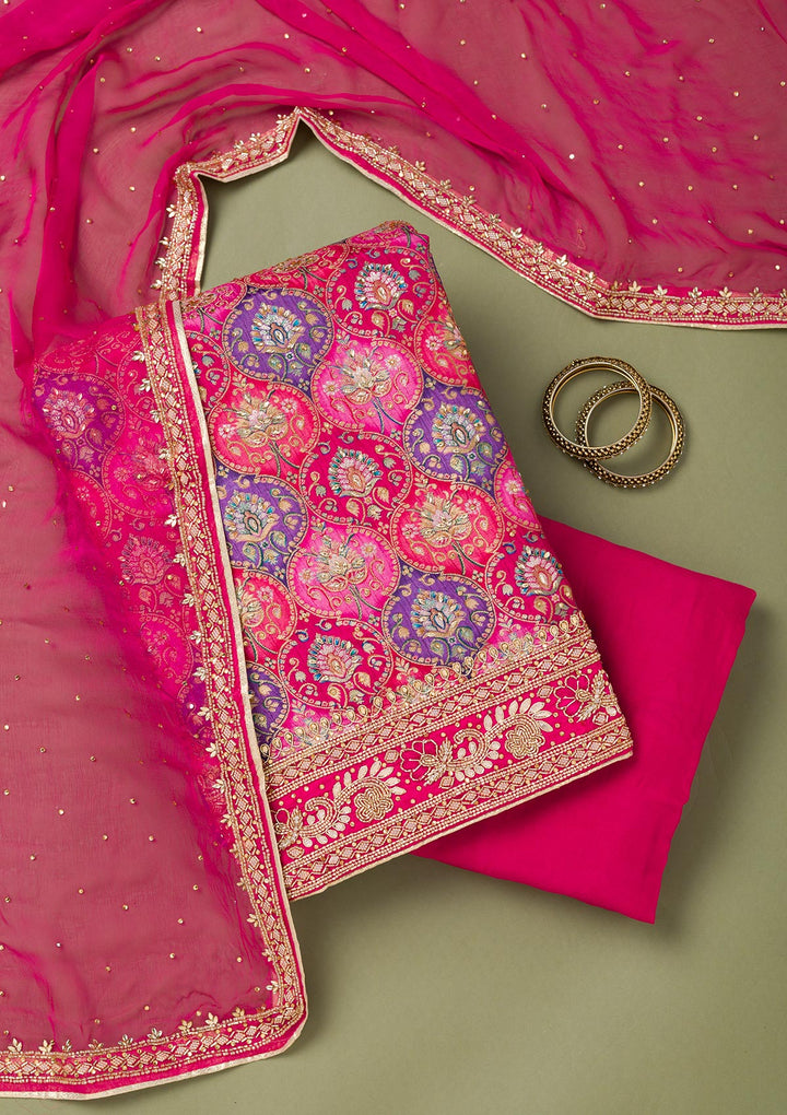 Rani Pink Stonework Semi Crepe Unstitched Salwar Suit