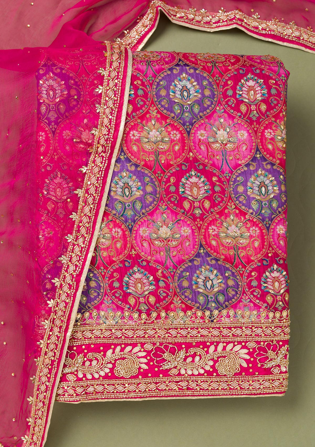 Rani Pink Stonework Semi Crepe Unstitched Salwar Suit