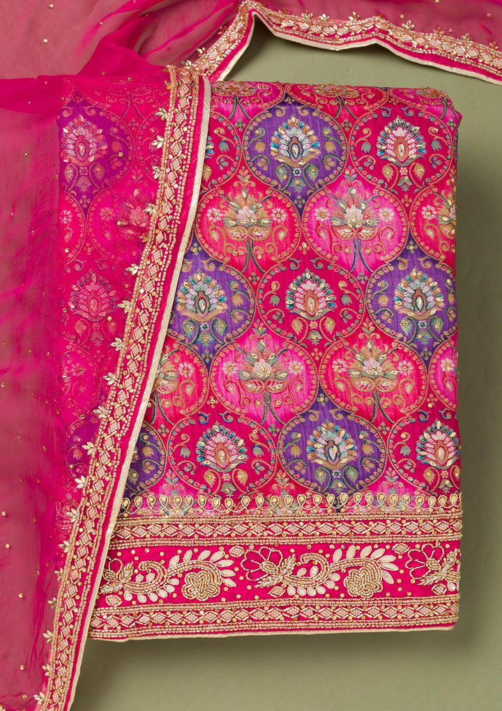 Rani Pink Stonework Semi Crepe Unstitched Salwar Suit