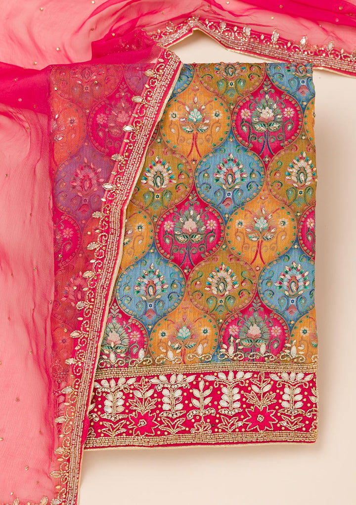 Mustard Stonework Semi Crepe Unstitched Salwar Suit