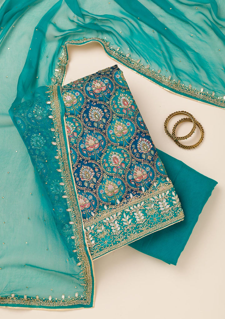 Peacock Blue Stonework Semi Crepe Unstitched Salwar Suit