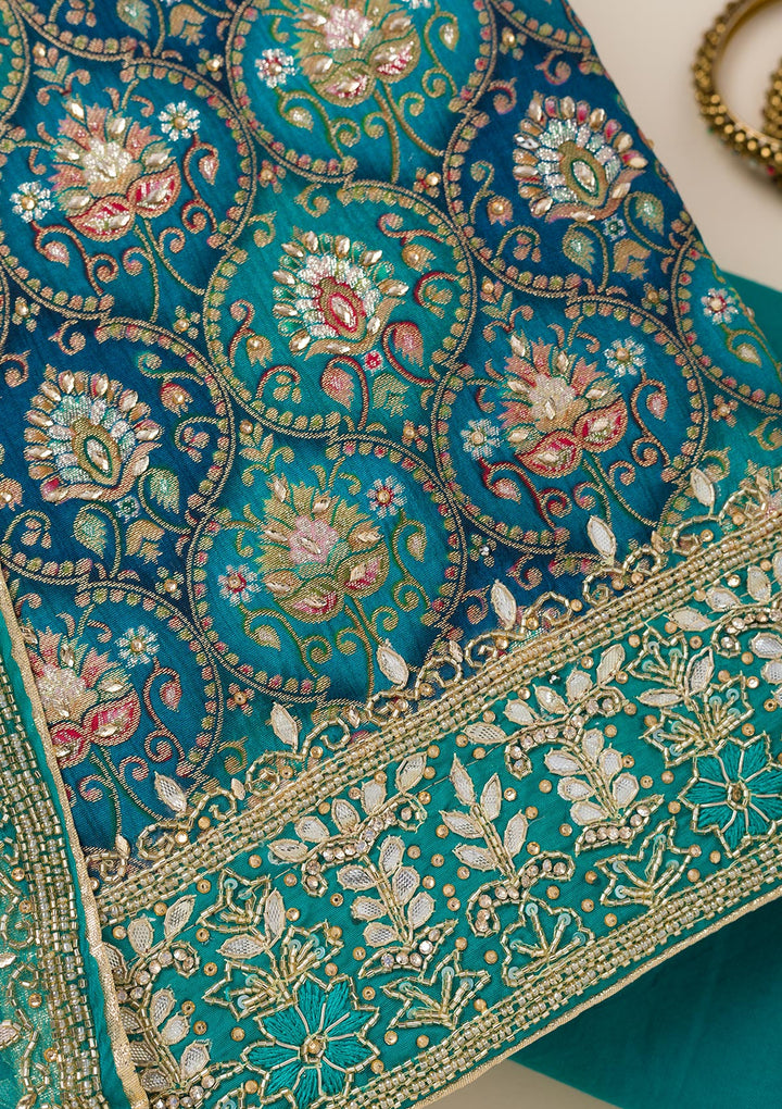 Peacock Blue Stonework Semi Crepe Unstitched Salwar Suit