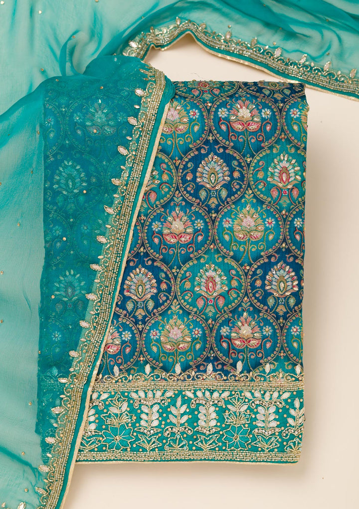 Peacock Blue Stonework Semi Crepe Unstitched Salwar Suit
