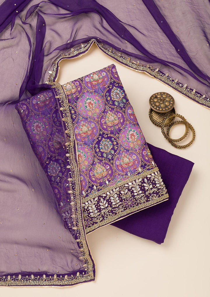 Purple Stonework Semi Crepe Unstitched Salwar Suit