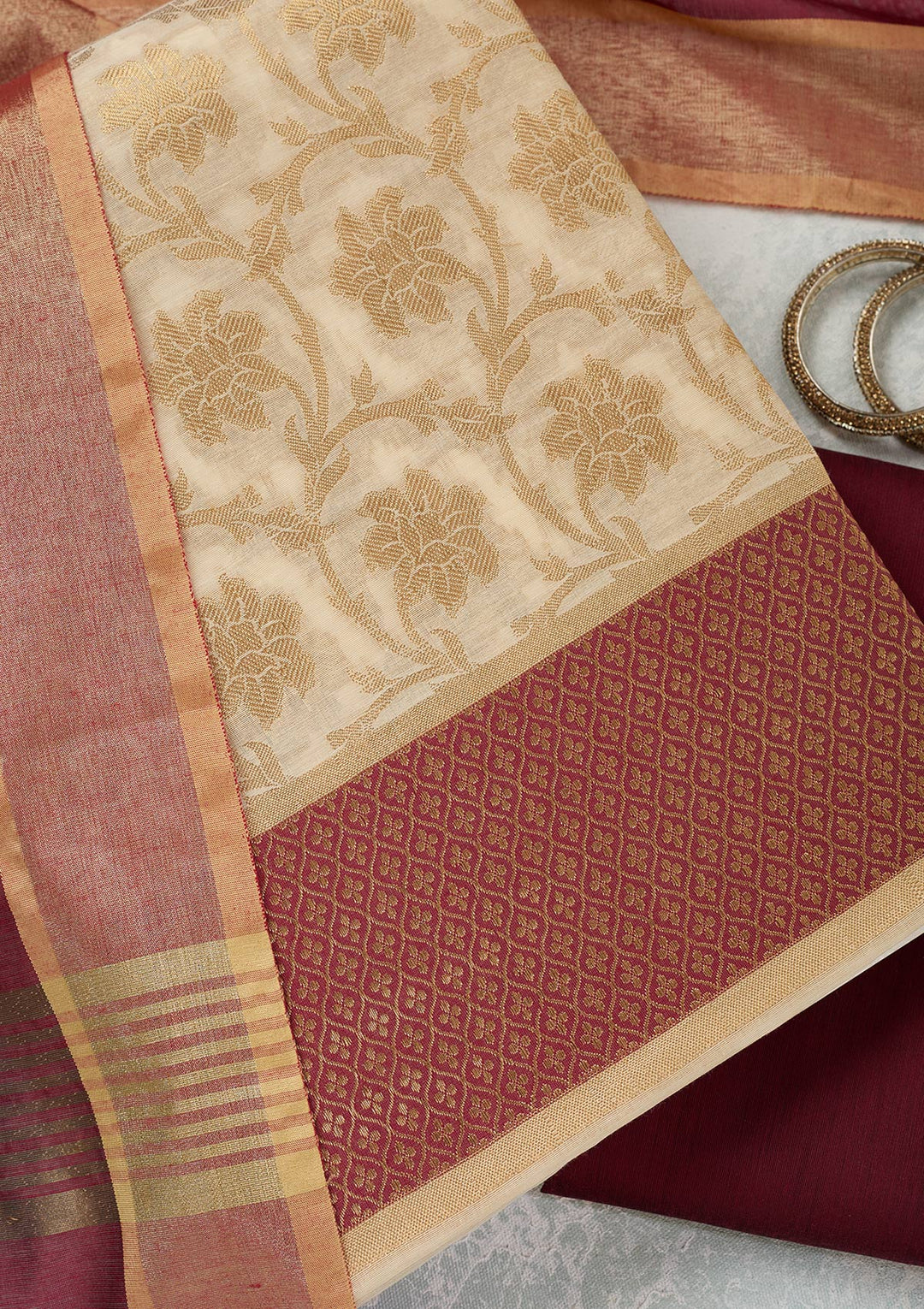 Beige Zariwork (Gold) Banarasi Unstitched Salwar Suit