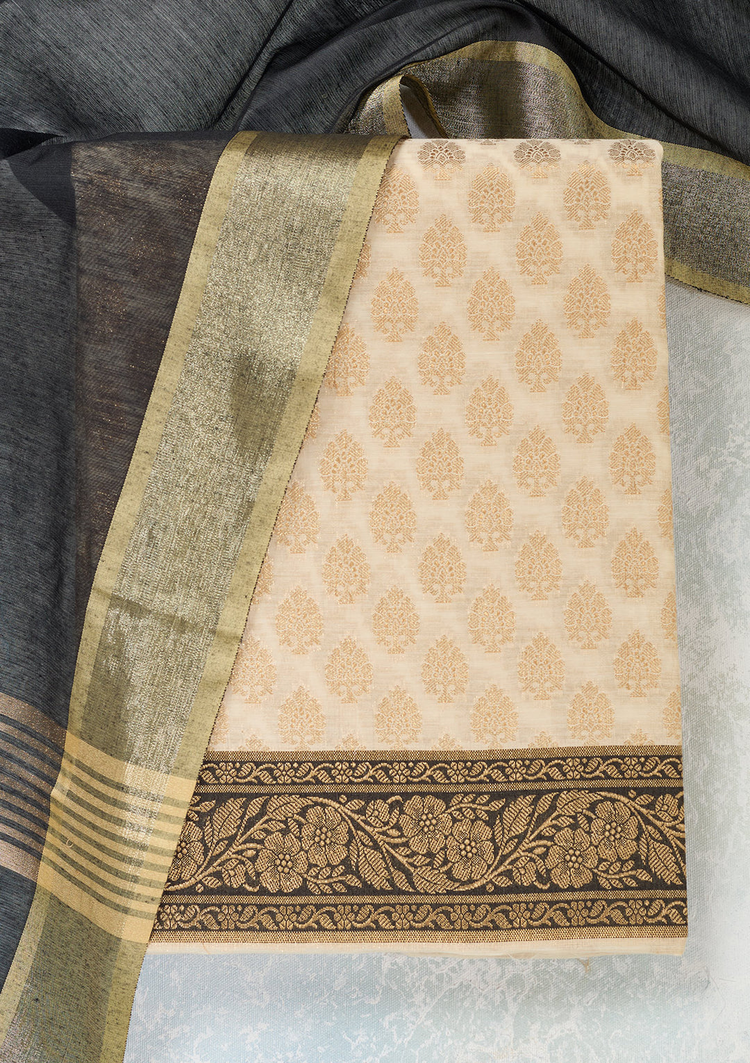 Beige Zariwork (Gold) Banarasi Unstitched Salwar Suit