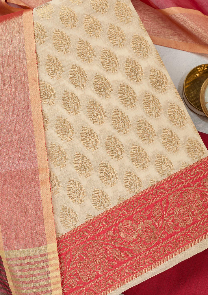 Beige Zariwork (Gold) Banarasi Unstitched Salwar Suit