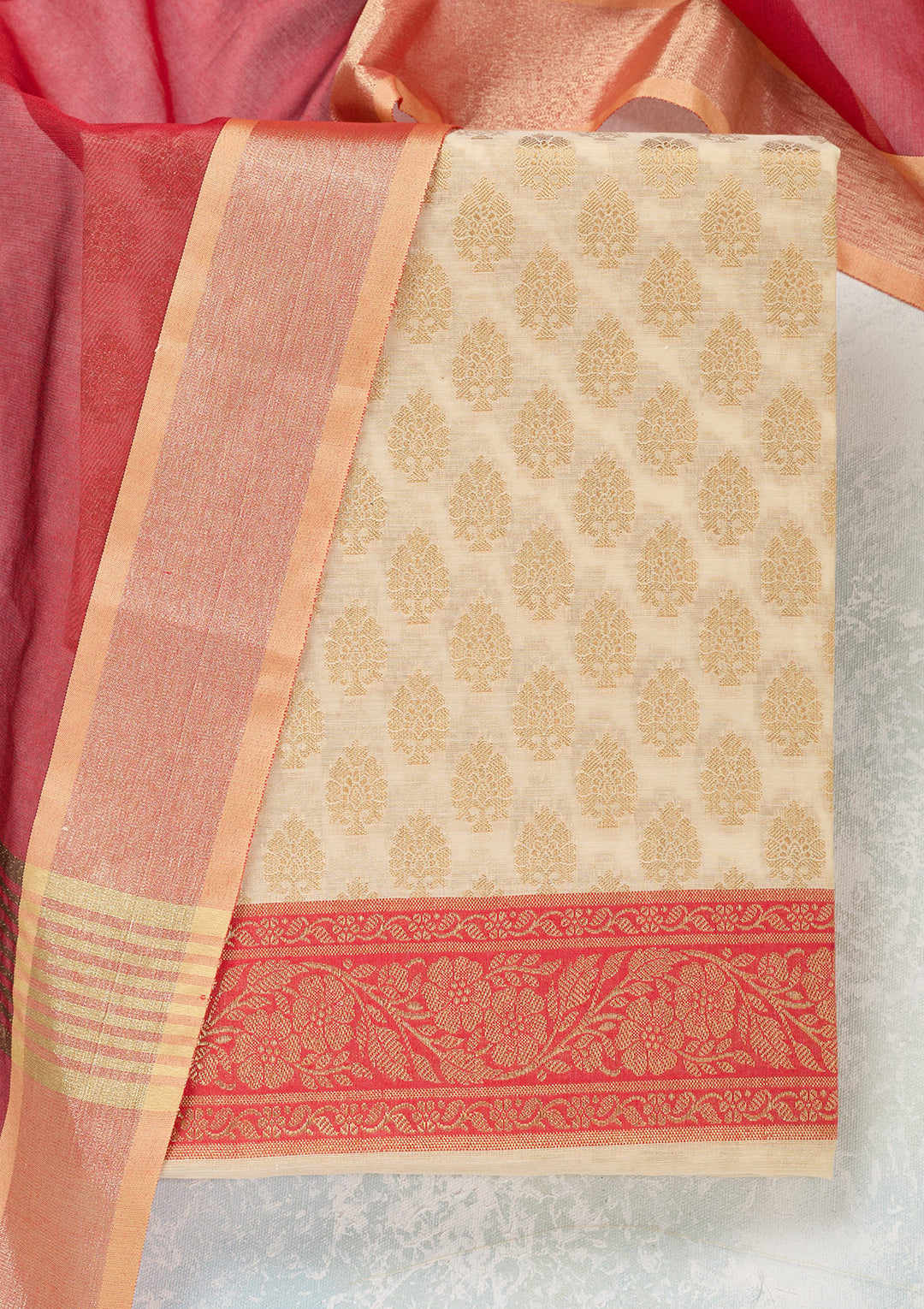 Beige Zariwork (Gold) Banarasi Unstitched Salwar Suit