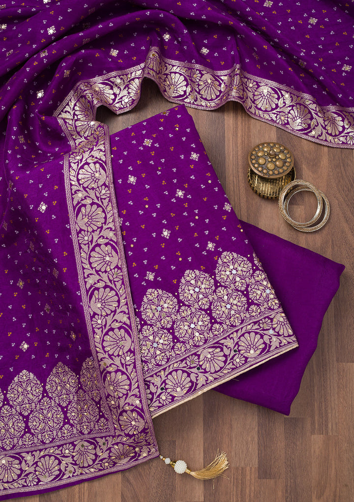 Purple Mirrorwork Semi Crepe Unstitched Salwar Suit