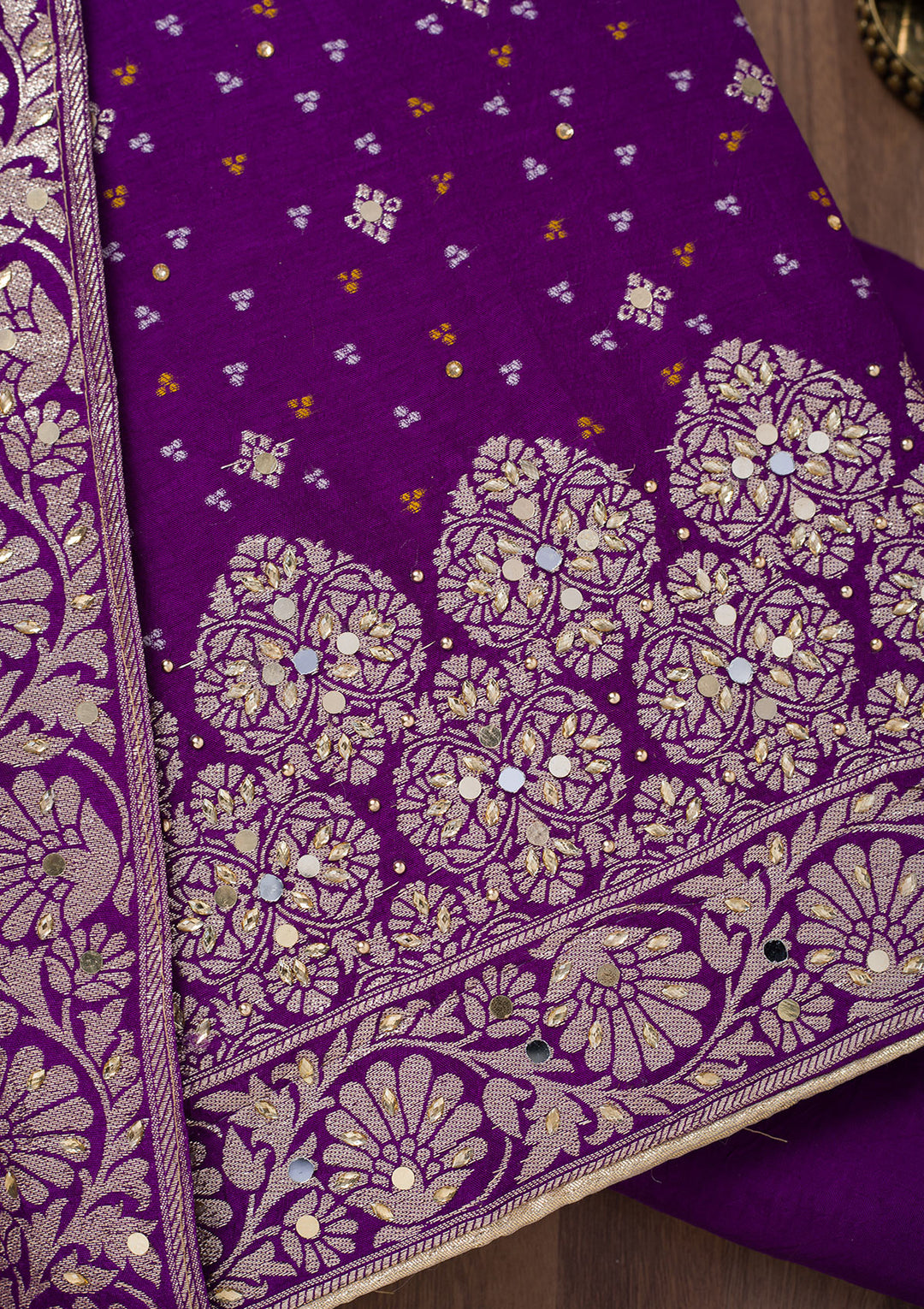 Purple Mirrorwork Semi Crepe Unstitched Salwar Suit
