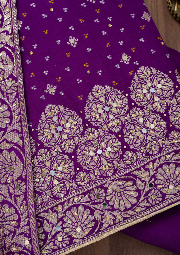 Purple Mirrorwork Semi Crepe Unstitched Salwar Suit