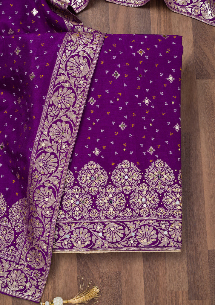 Purple Mirrorwork Semi Crepe Unstitched Salwar Suit