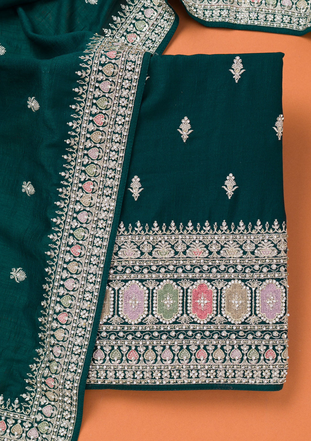 Bottle Green Zariwork Art Silk Unstitched Salwar Suit