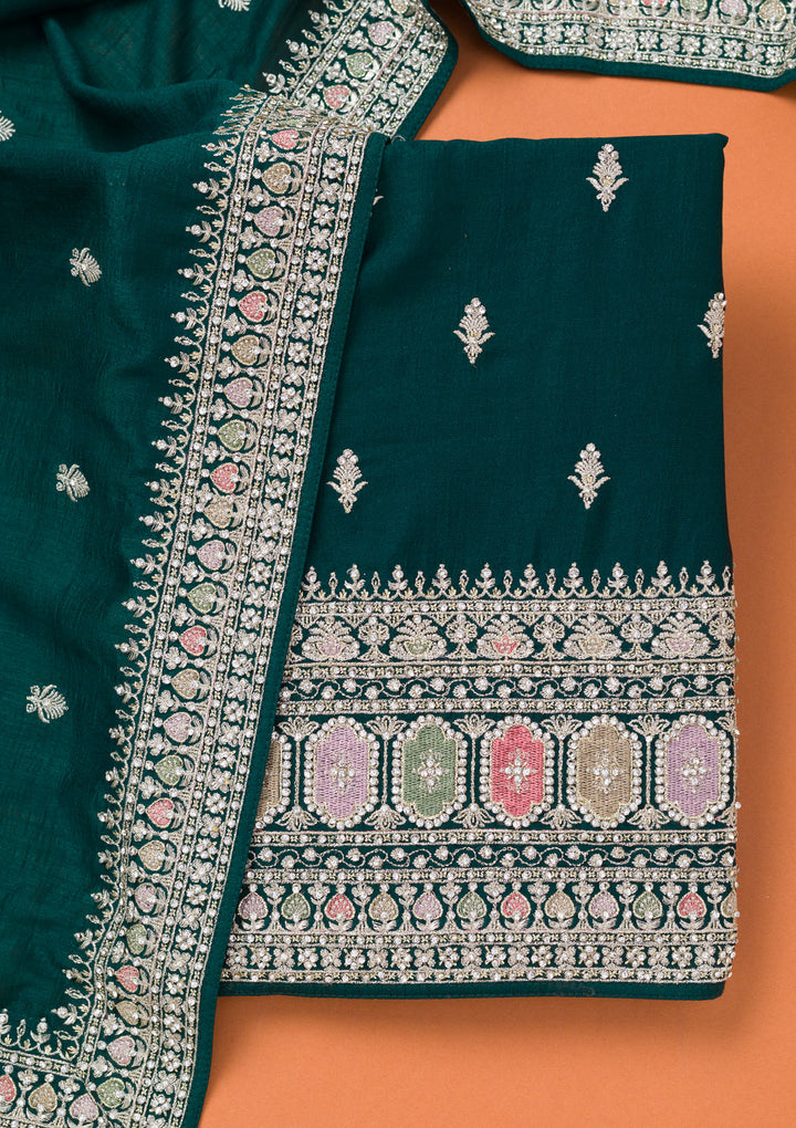 Bottle Green Zariwork Art Silk Unstitched Salwar Suit