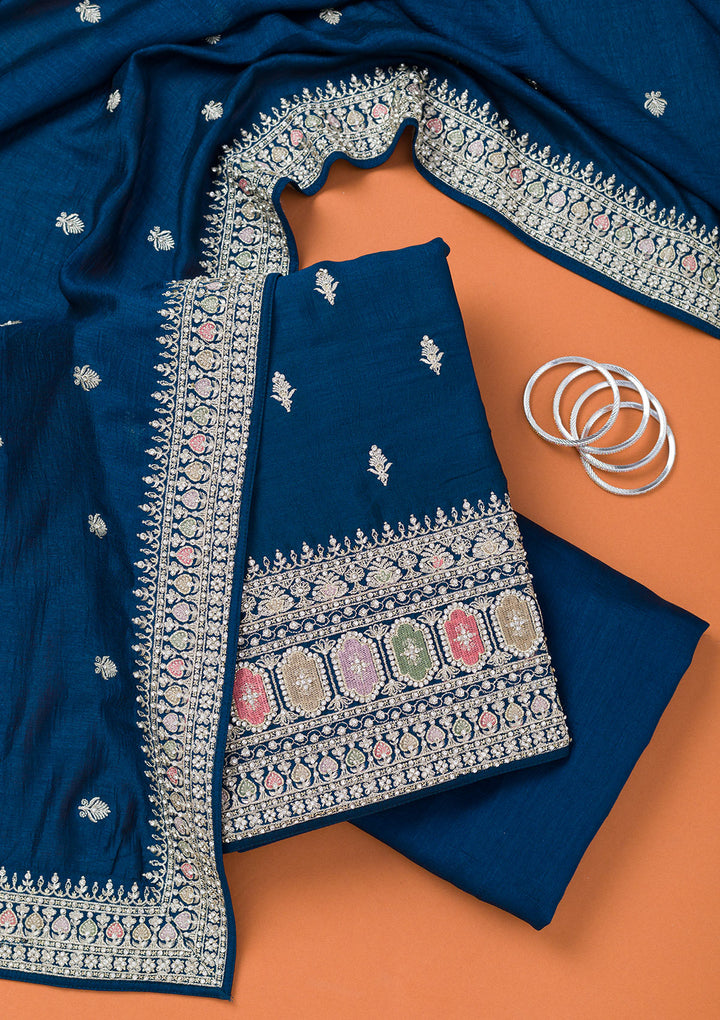 Peacock Blue Zariwork Art Silk Unstitched Salwar Suit
