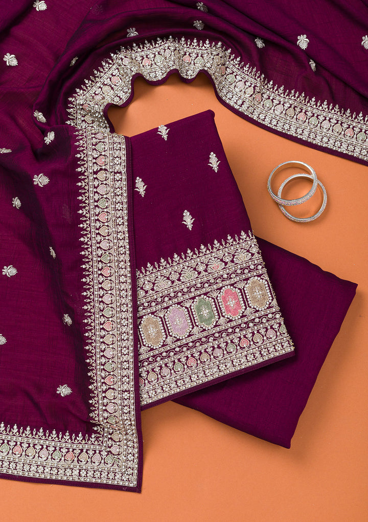Wine Zariwork Art Silk Unstitched Salwar Suit