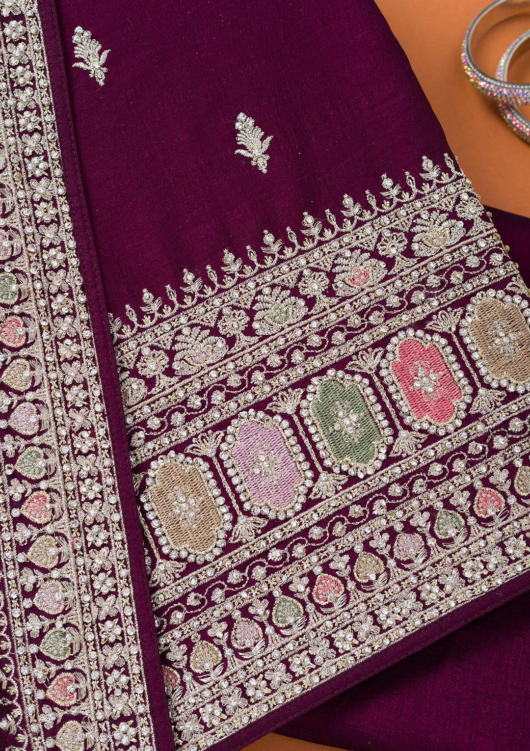 Wine Zariwork Art Silk Unstitched Salwar Suit