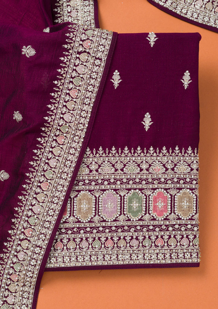 Wine Zariwork Art Silk Unstitched Salwar Suit