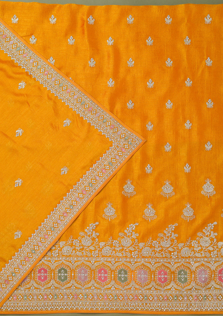 Mustard Zariwork Art Silk Unstitched Salwar Suit