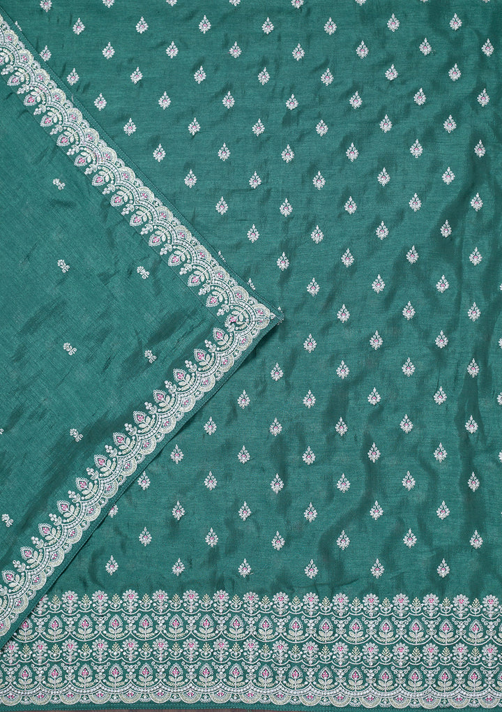 Sea Green Zariwork Soft Raw Silk Unstitched Salwar Suit