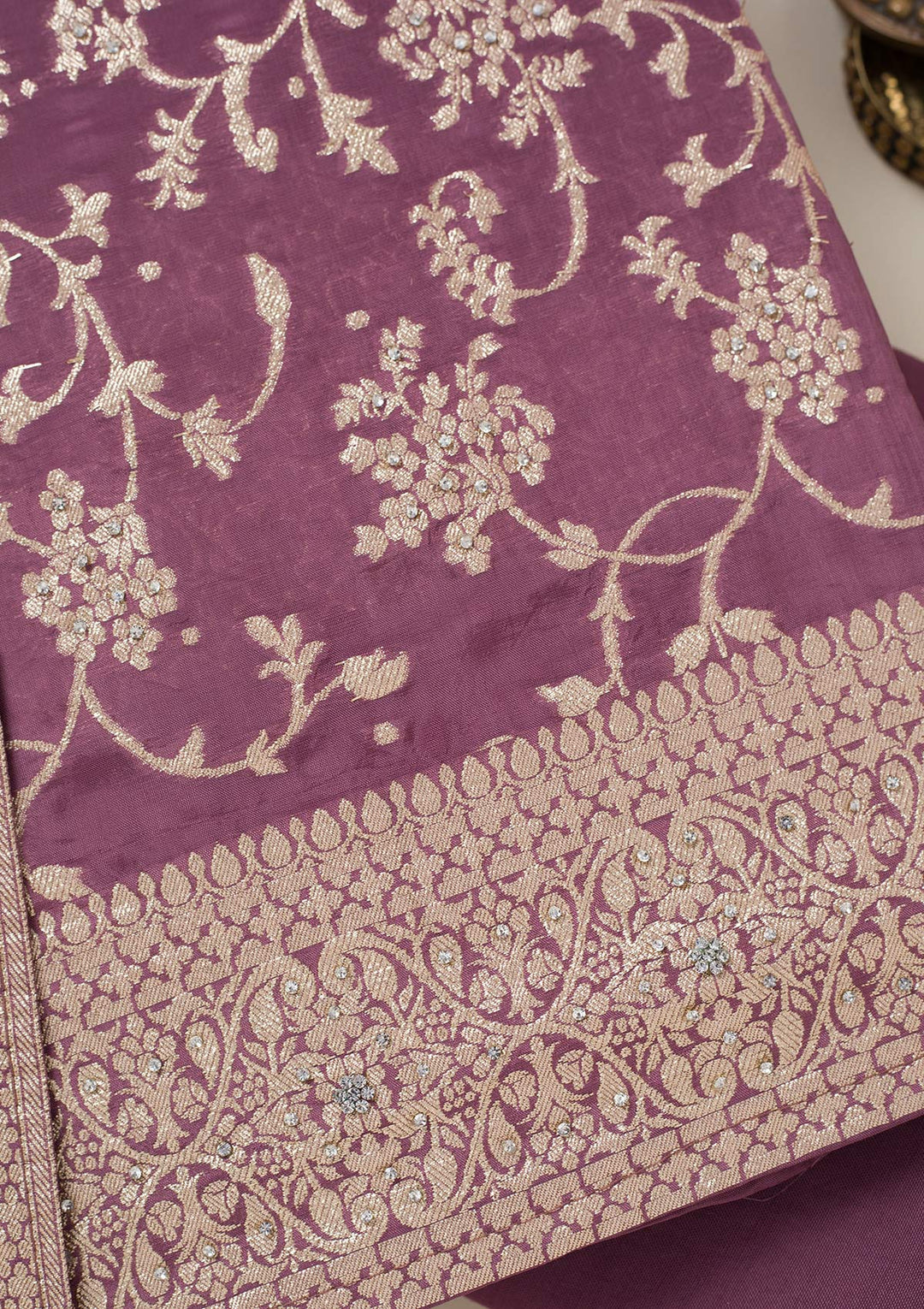 Mauve Zariwork Semi Crepe Unstitched Salwar Suit