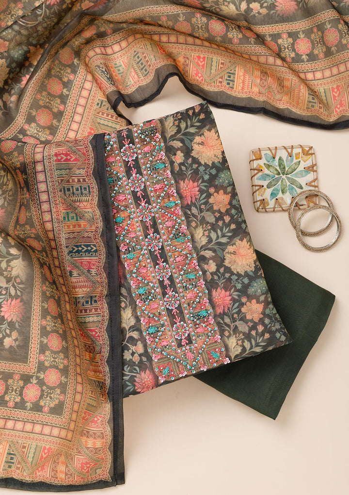 Bottle Green Printed Chanderi Unstitched Salwar Suit