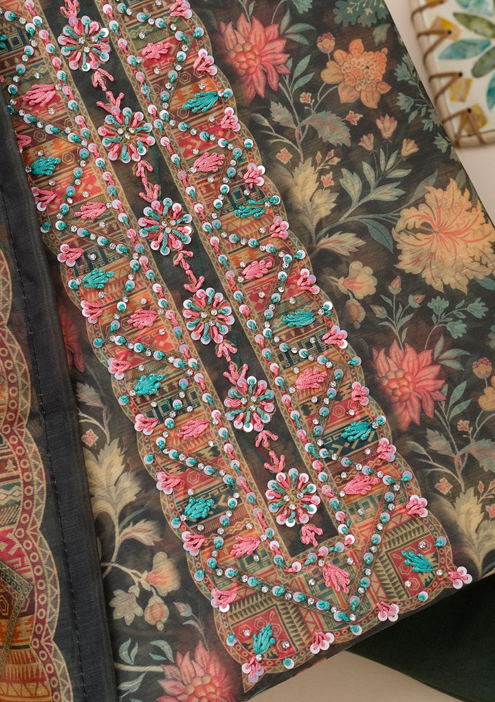 Bottle Green Printed Chanderi Unstitched Salwar Suit