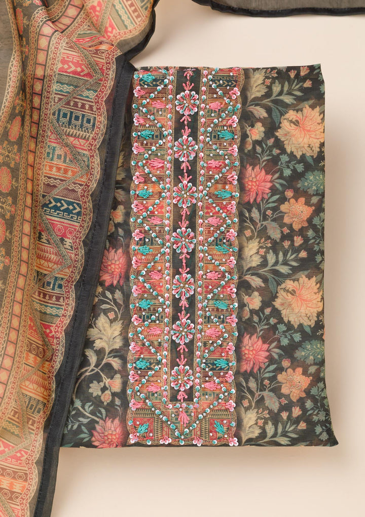Bottle Green Printed Chanderi Unstitched Salwar Suit