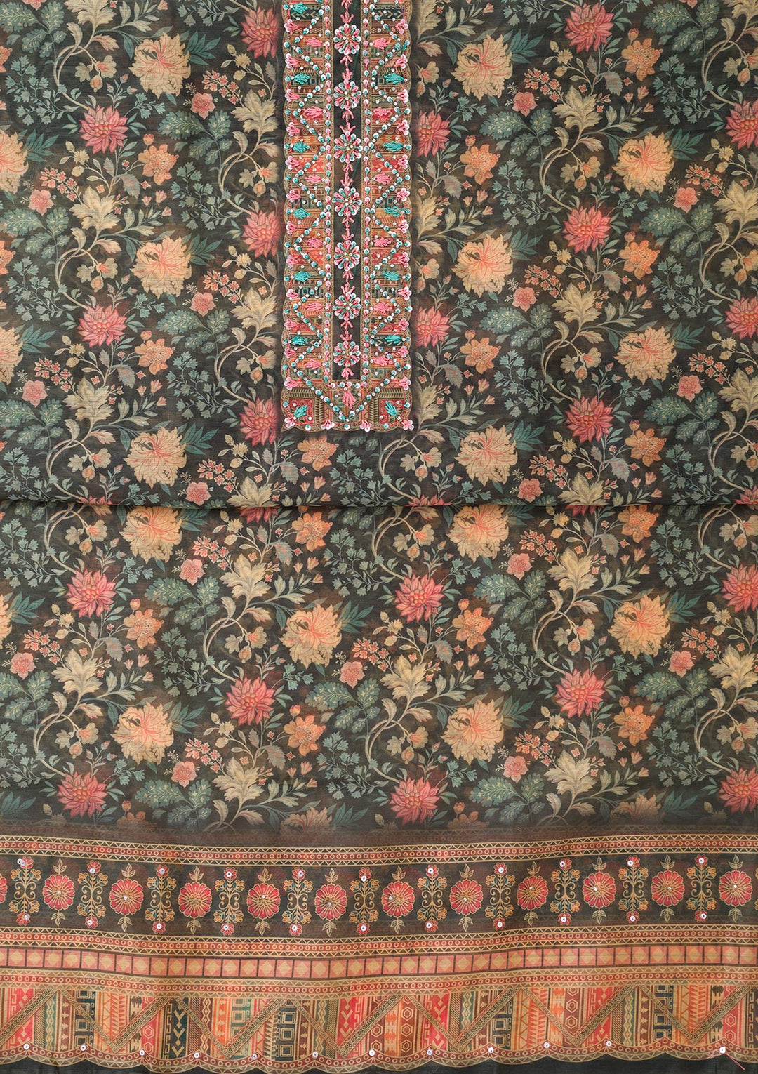 Bottle Green Printed Chanderi Unstitched Salwar Suit