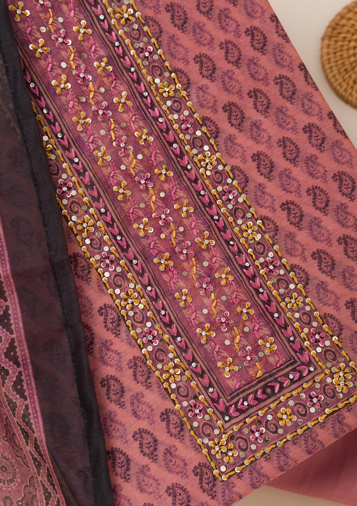 Pink Printed Chanderi Unstitched Salwar Suit