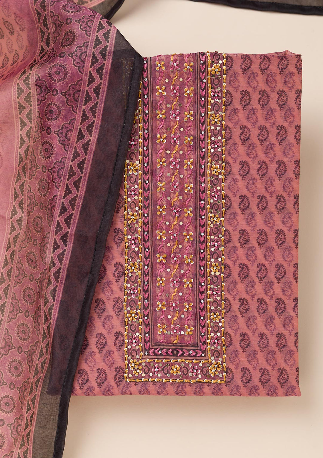 Pink Printed Chanderi Unstitched Salwar Suit