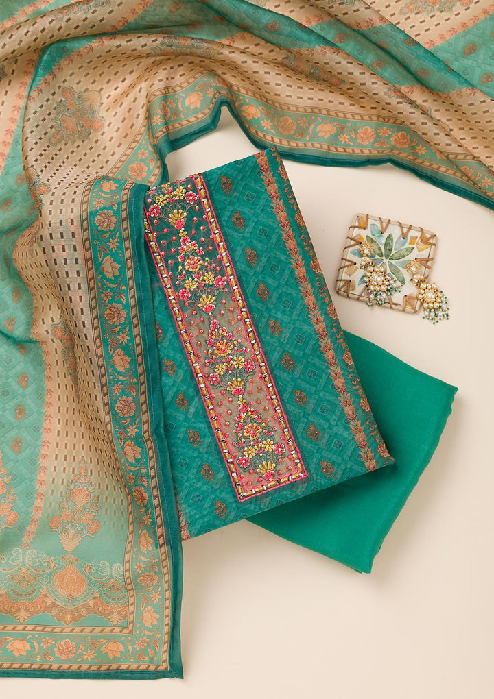 Peacock Green Printed Chanderi Unstitched Salwar Suit