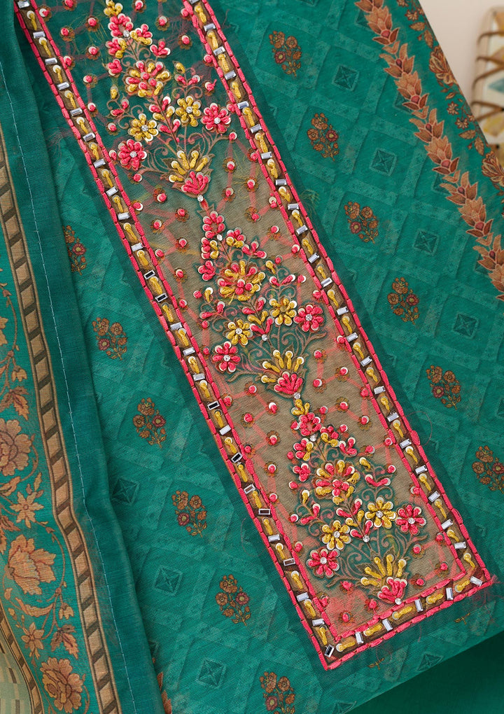 Peacock Green Printed Chanderi Unstitched Salwar Suit