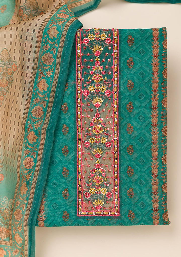 Peacock Green Printed Chanderi Unstitched Salwar Suit