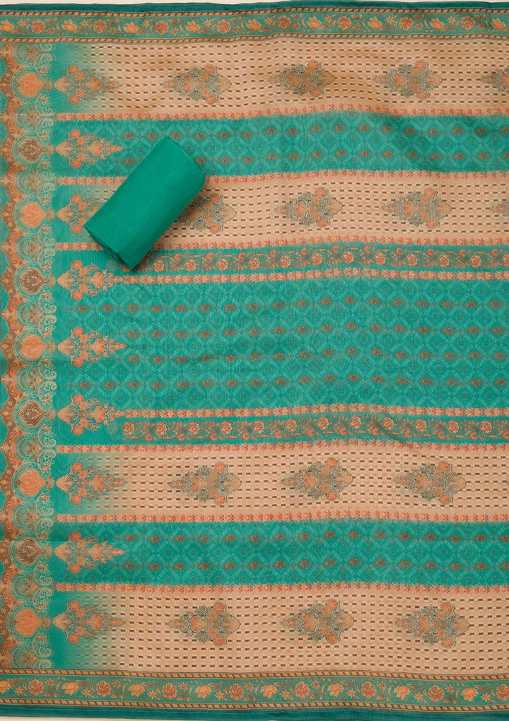 Peacock Green Printed Chanderi Unstitched Salwar Suit