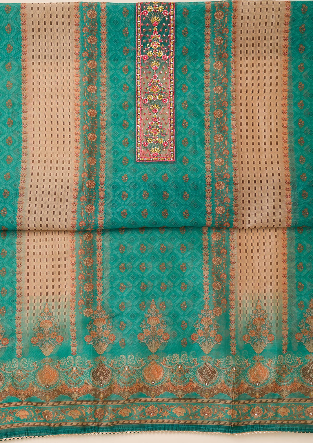 Peacock Green Printed Chanderi Unstitched Salwar Suit