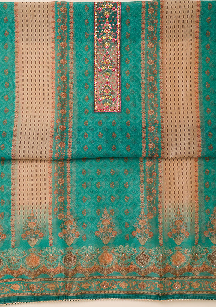 Peacock Green Printed Chanderi Unstitched Salwar Suit