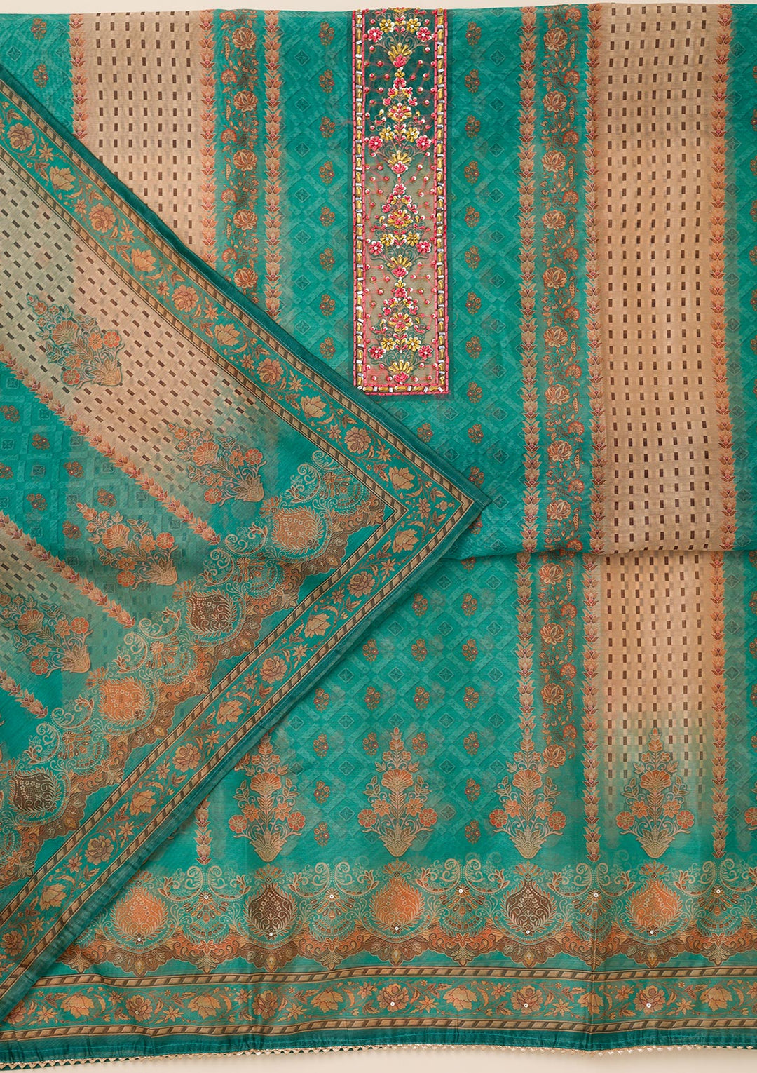 Peacock Green Printed Chanderi Unstitched Salwar Suit