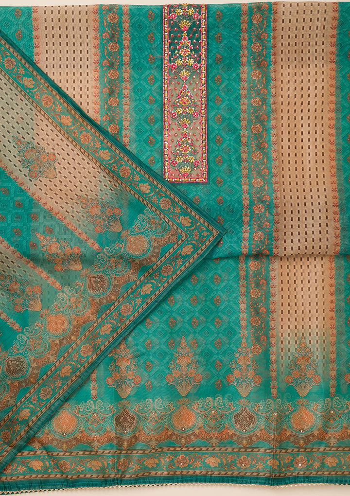 Peacock Green Printed Chanderi Unstitched Salwar Suit