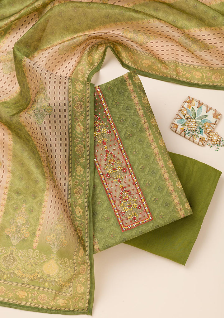 Pista Green Printed Chanderi Unstitched Salwar Suit