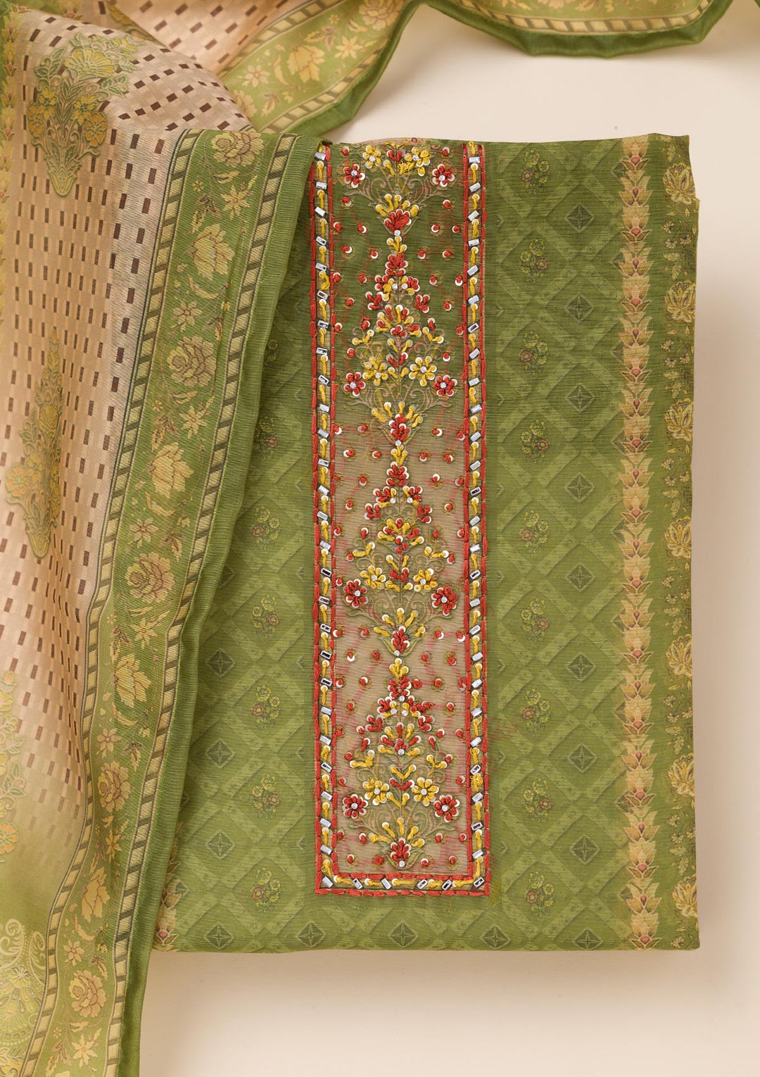 Pista Green Printed Chanderi Unstitched Salwar Suit