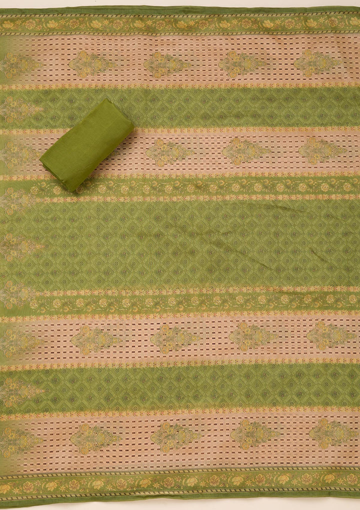 Pista Green Printed Chanderi Unstitched Salwar Suit