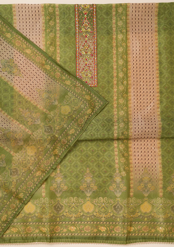 Pista Green Printed Chanderi Unstitched Salwar Suit