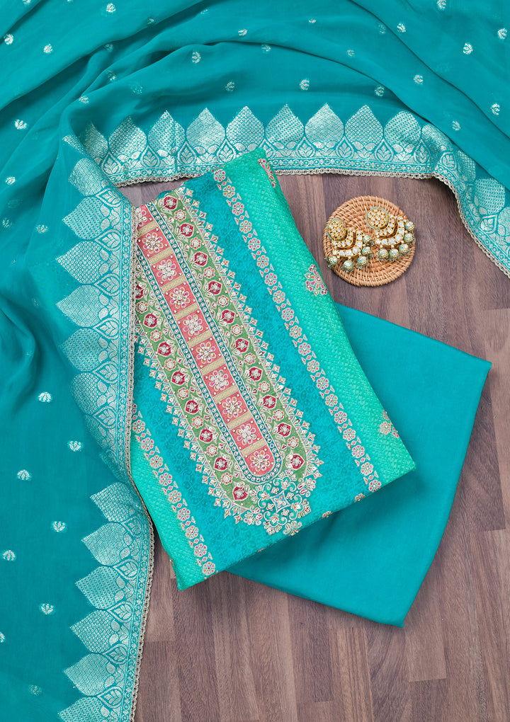 Turquoise Blue Cutdana Tissue Unstitched Salwar Suit