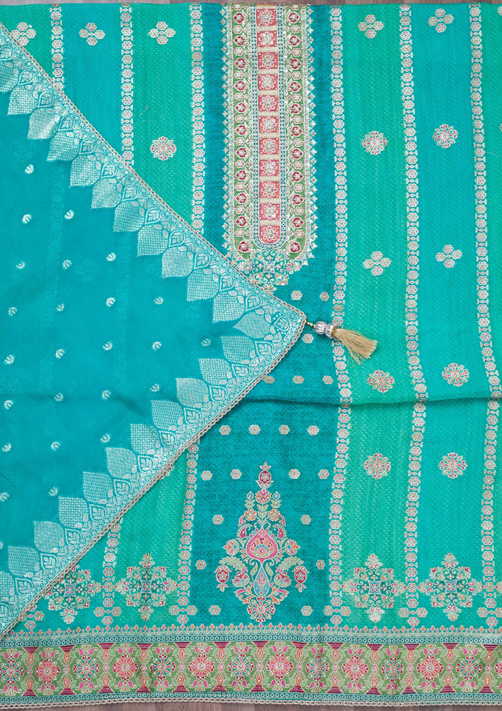 Turquoise Blue Cutdana Tissue Unstitched Salwar Suit